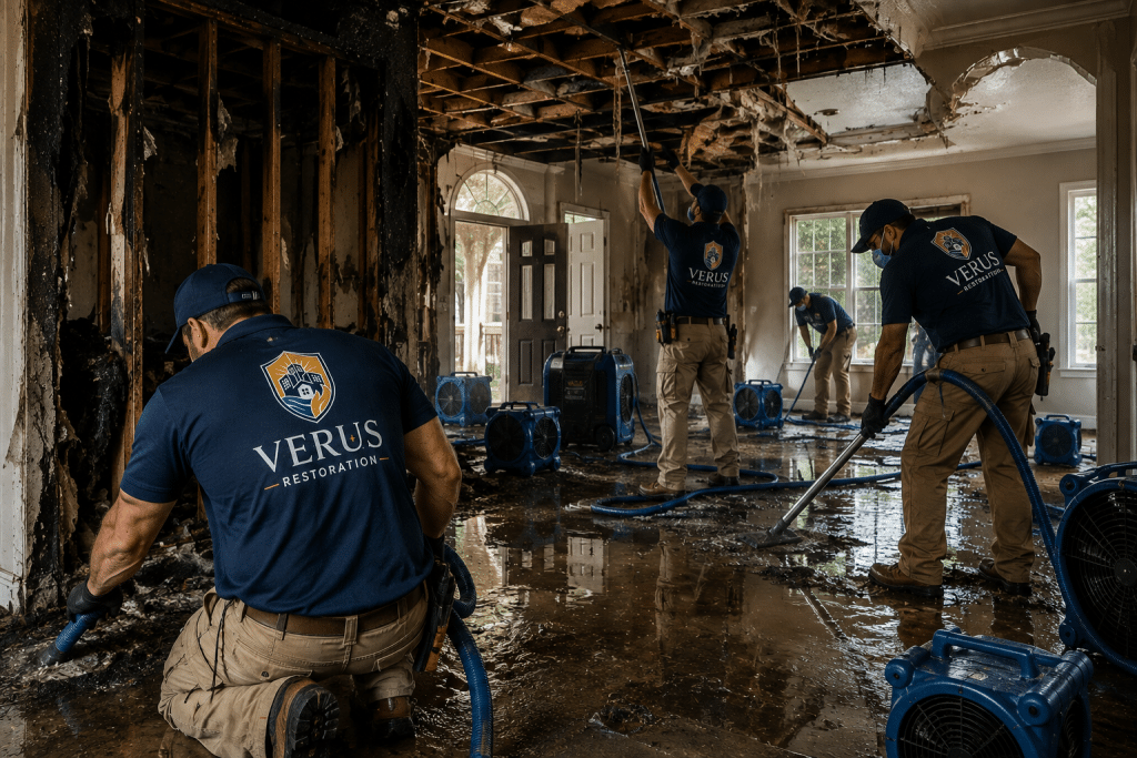 Verus Restoration technicians cleaning fire and smoke damage in a gutted kitchen
