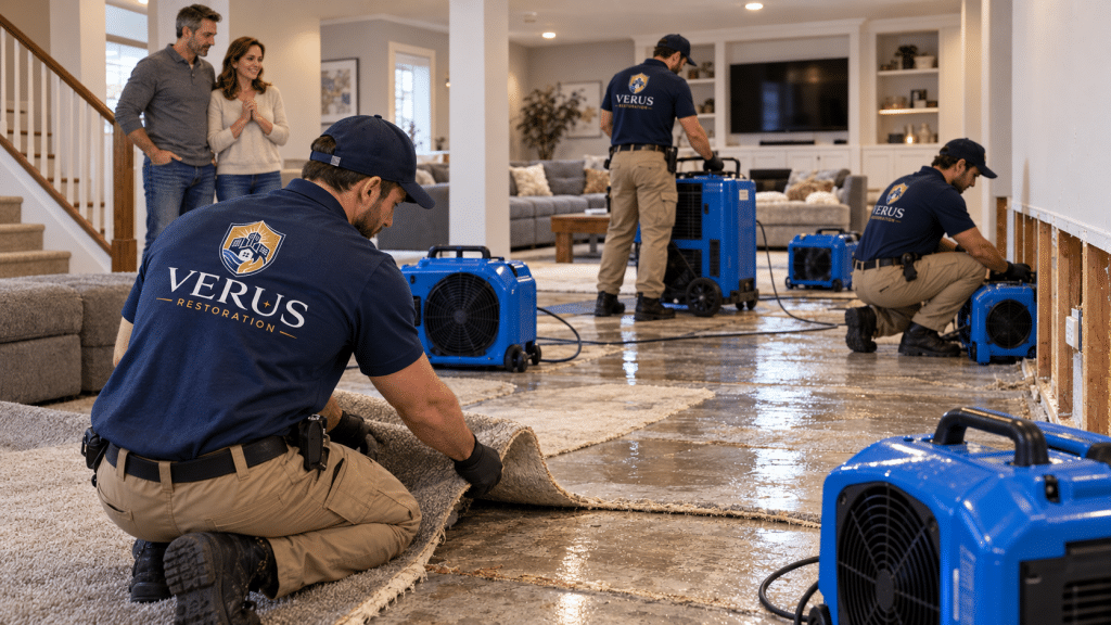 Verus Restoration technicians placing drying equipment in a water-damaged living room while the homeowners look on