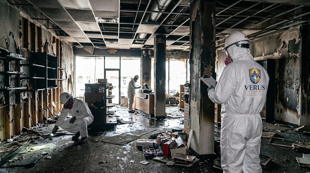 About Verus: a crew cleaning up after fire and smoke damage