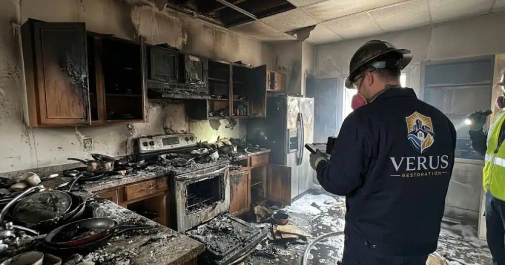Verus Restoration technician assessing a fire-damaged kitchen in North Metro Atlanta — 24/7 water, fire, mold and storm damage restoration