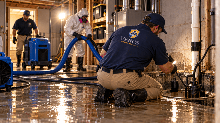Verus technicians during basement flooding at a North Metro Atlanta property