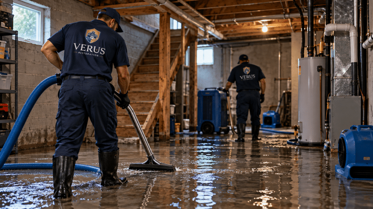 Restoration company crew removing standing water from a flooded lower level