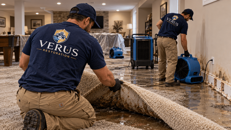 Restoration company crew pulling wet carpet after a metro Atlanta leak