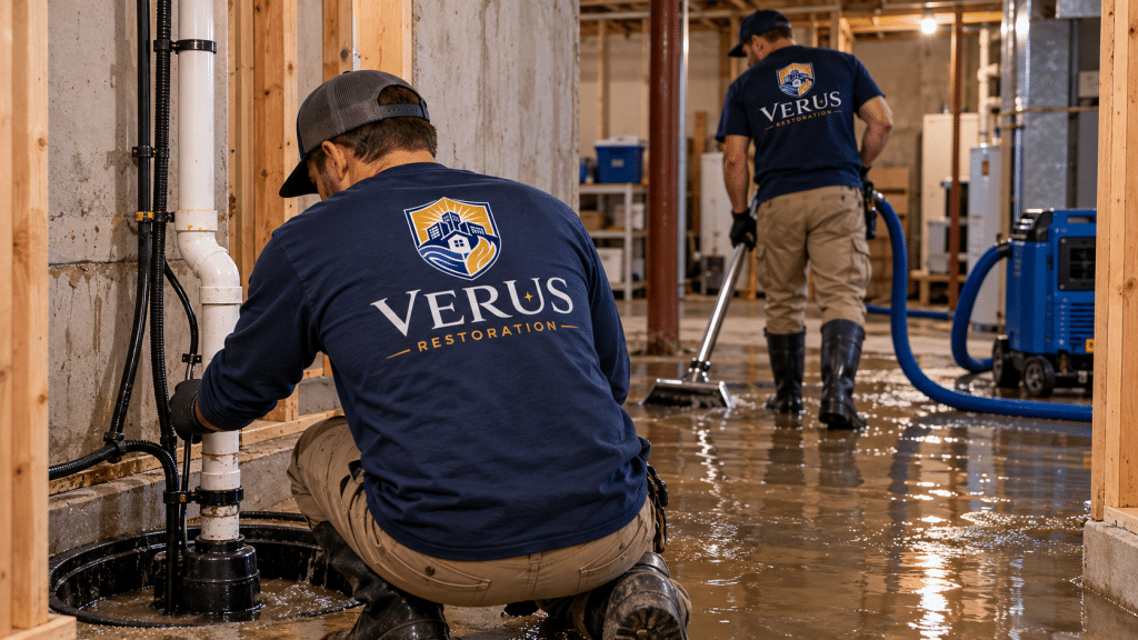 Verus Restoration technician inspecting water damage behind opened drywall with drying fans running