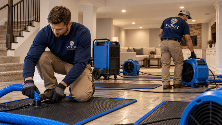 A Verus restoration company technician extracting water from a hardwood floor
