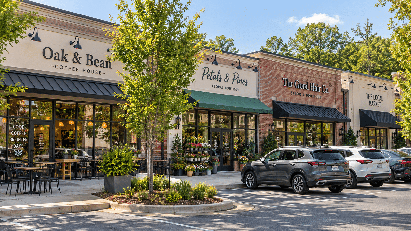 Shops and a coffee house in Tucker, GA, the kind of storefronts Verus restores after water or fire damage