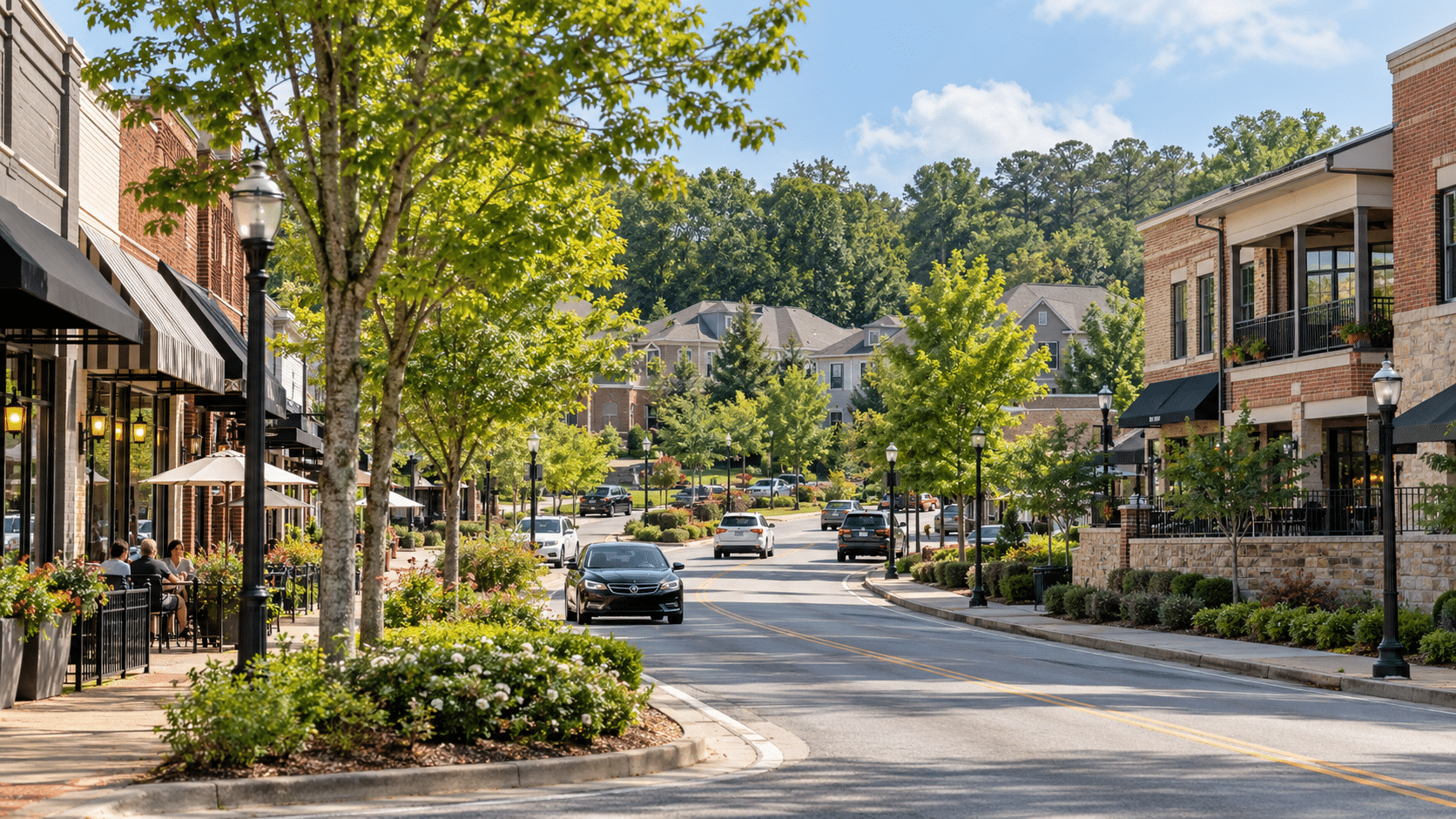 Tree-lined residential street of homes in Tucker, Georgia