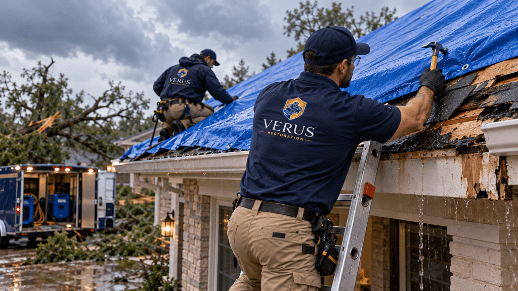 Verus Restoration crew tarping a storm-damaged roof next to a fallen tree