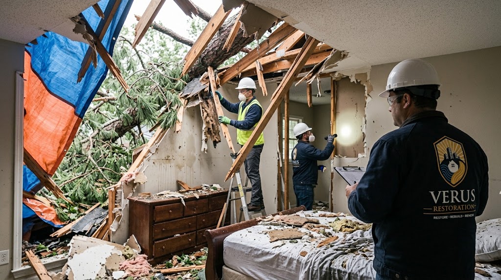 Verus Restoration crew inspecting storm damage where a fallen tree broke through a metro Atlanta home’s ceiling