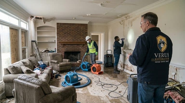 Verus Restoration technicians repairing storm damage to a Georgia home