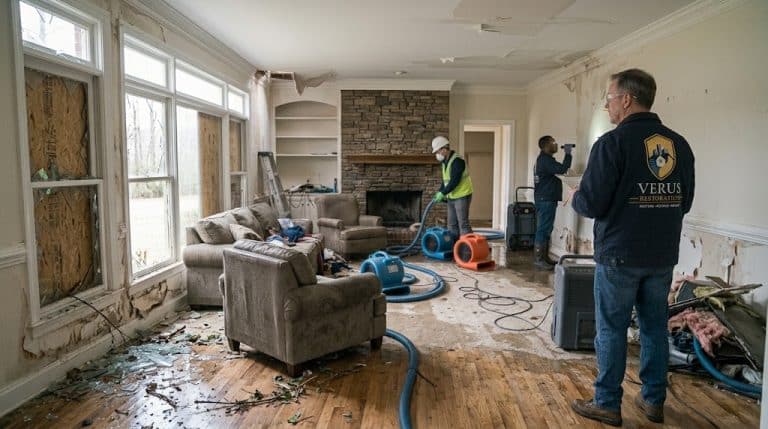 Verus technicians during storm damage restoration at a North Metro Atlanta property