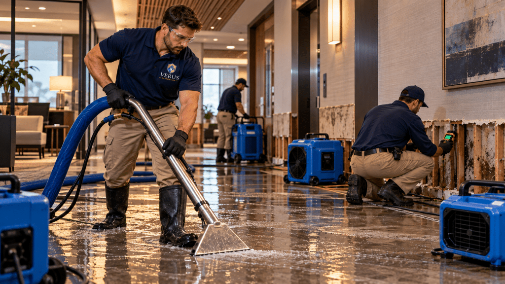 Verus Restoration technician extracting water from a hardwood floor after a burst pipe