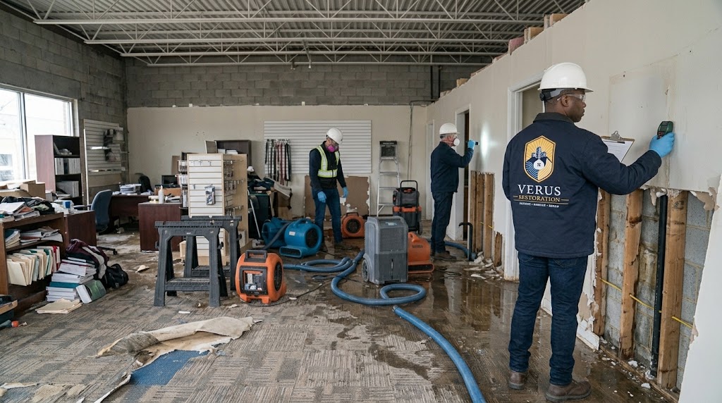 Verus Restoration technicians setting up drying equipment in a water-damaged commercial space