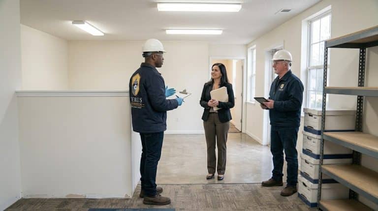About Verus: technicians reviewing the drying plan on site