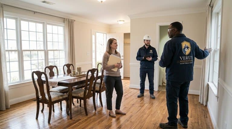 About Verus: a Verus crew lead walking a homeowner through the damage